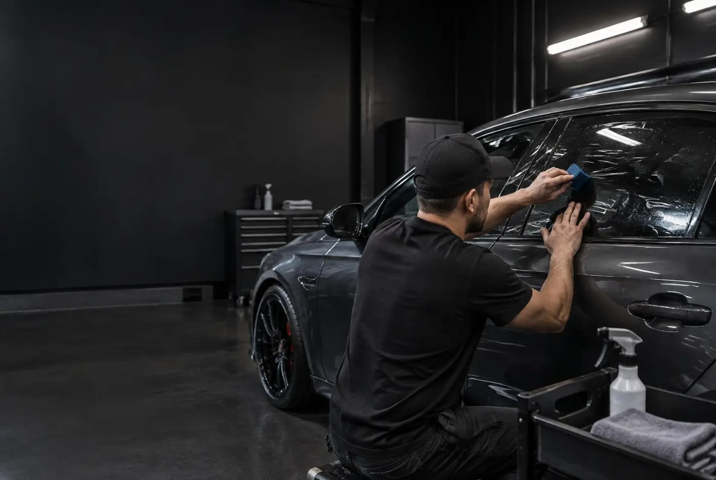 Precision Window Tints installer applying window film